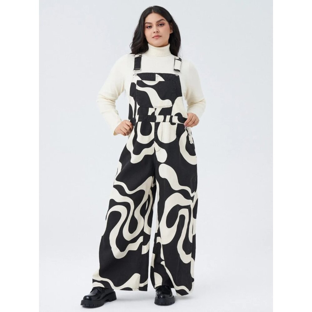 CIDER Black & White Abstract Print Wide Leg Overalls Curve & Plus Women's XL - Picture 2 of 10